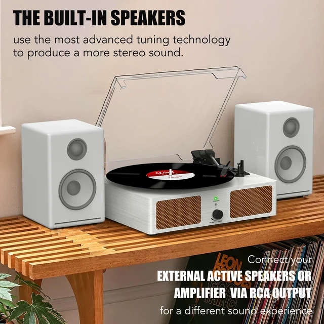 Alt view image 3 of 7 - Vinyl Record Player Wireless Turntable with Speakers & USB, White Bluetooth Input Headphone Jack RCA Output Auto Stop Belt-Driven 3 Speed Vintage Phonograph for Entertainment and Home Decor
