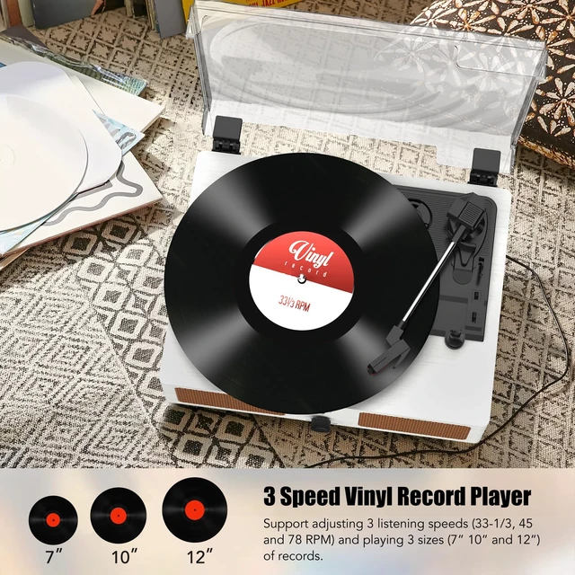 Alt view image 4 of 7 - Vinyl Record Player Wireless Turntable with Speakers & USB, White Bluetooth Input Headphone Jack RCA Output Auto Stop Belt-Driven 3 Speed Vintage Phonograph for Entertainment and Home Decor