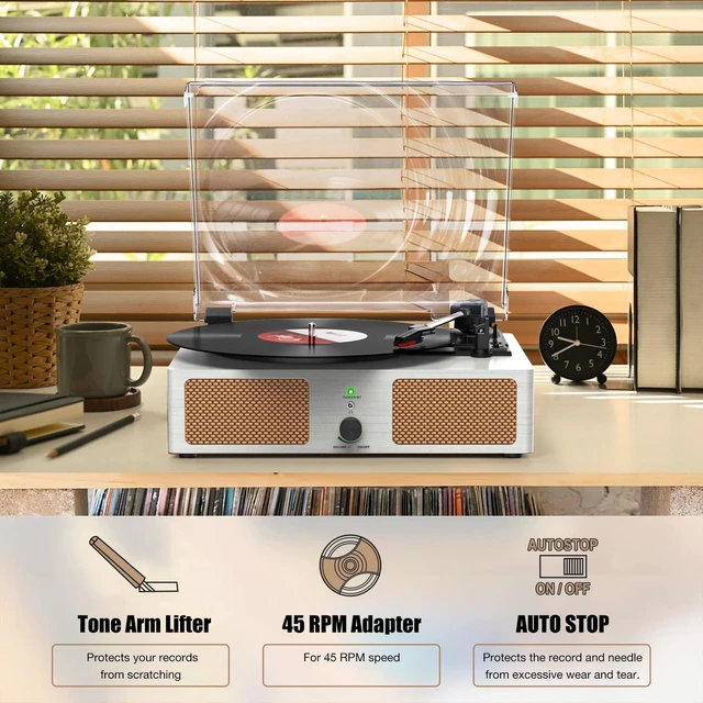 Alt view image 6 of 7 - Vinyl Record Player Wireless Turntable with Speakers & USB, White Bluetooth Input Headphone Jack RCA Output Auto Stop Belt-Driven 3 Speed Vintage Phonograph for Entertainment and Home Decor