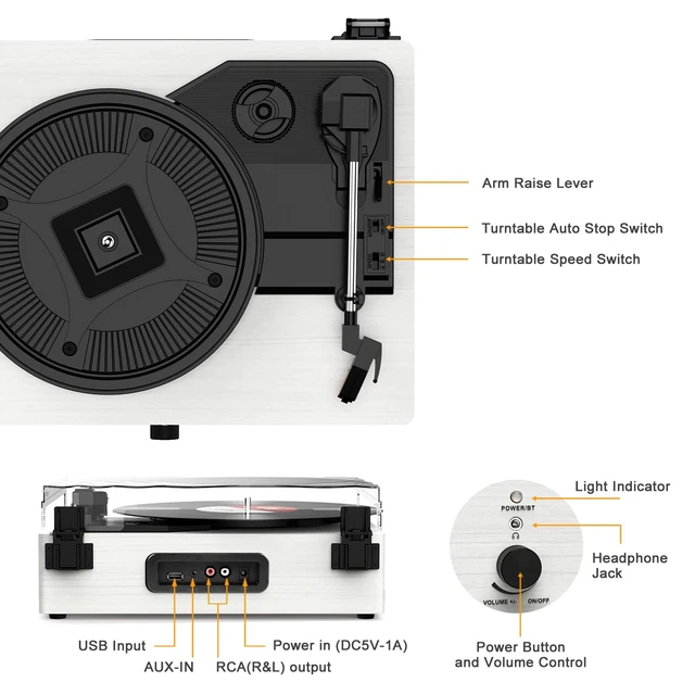 Alt view image 7 of 7 - Vinyl Record Player Wireless Turntable with Speakers & USB, White Bluetooth Input Headphone Jack RCA Output Auto Stop Belt-Driven 3 Speed Vintage Phonograph for Entertainment and Home Decor