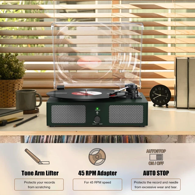 Alt view image 6 of 7 - Vinyl Record Player Wireless Turntable with Speakers & USB, Green Bluetooth Input Headphone Jack RCA Output Auto Stop Belt-Driven 3 Speed Vintage Phonograph for Entertainment and Home Decor