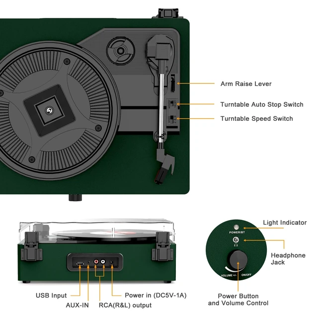 Alt view image 7 of 7 - Vinyl Record Player Wireless Turntable with Speakers & USB, Green Bluetooth Input Headphone Jack RCA Output Auto Stop Belt-Driven 3 Speed Vintage Phonograph for Entertainment and Home Decor