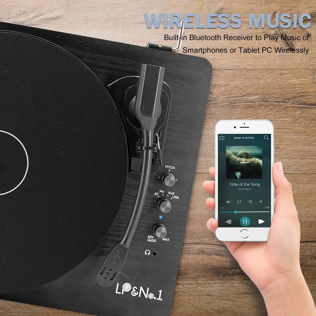 Alt view image 2 of 7 - 9-in-1 Bluetooth Vinyl Record Player with Stereo Speakers USB play & Record vinyl to MP3, Pitch Control,Full-size 3-speed Turntable&Belt Drive,Phono Preamp,AUX IN,RCA &Headphone Out