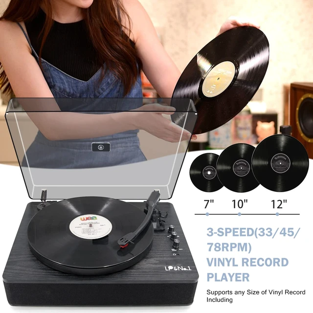 Alt view image 3 of 7 - 9-in-1 Bluetooth Vinyl Record Player with Stereo Speakers USB play & Record vinyl to MP3, Pitch Control,Full-size 3-speed Turntable&Belt Drive,Phono Preamp,AUX IN,RCA &Headphone Out