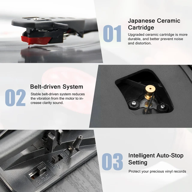 Alt view image 5 of 7 - 9-in-1 Bluetooth Vinyl Record Player with Stereo Speakers USB play & Record vinyl to MP3, Pitch Control,Full-size 3-speed Turntable&Belt Drive,Phono Preamp,AUX IN,RCA &Headphone Out