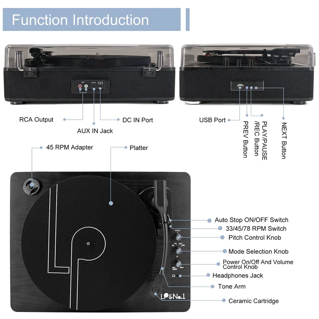Alt view image 7 of 7 - 9-in-1 Bluetooth Vinyl Record Player with Stereo Speakers USB play & Record vinyl to MP3, Pitch Control,Full-size 3-speed Turntable&Belt Drive,Phono Preamp,AUX IN,RCA &Headphone Out