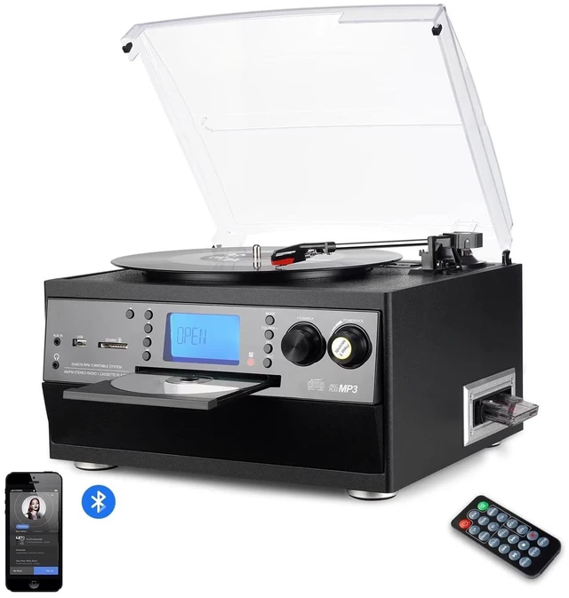 Main image of 10-in-1 Bluetooth Turntable with Built-in Speaker, Vinyl Record Player CD Cassette and FM Radio Combo, AUX in USB MP3 Recording Headphone Jack Compact Stereo System for Home