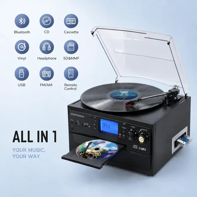 Alt view image 2 of 7 - 10-in-1 Bluetooth Turntable with Built-in Speaker, Vinyl Record Player CD Cassette and FM Radio Combo, AUX in USB MP3 Recording Headphone Jack Compact Stereo System for Home