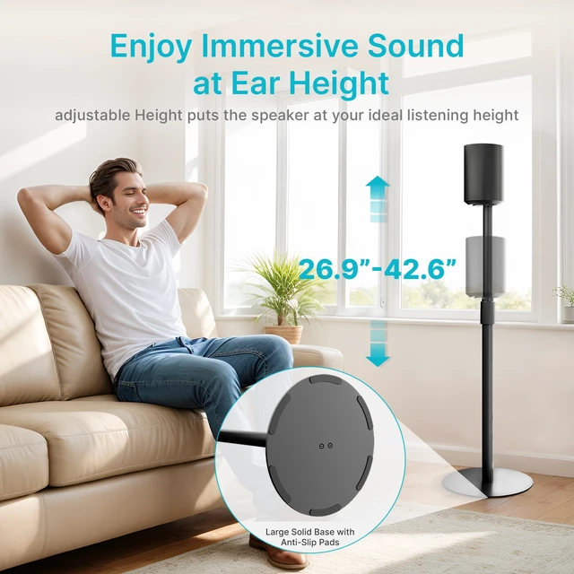 Alt view image 3 of 7 - 26.9"-42.6" Speaker Stands Compatible with Sonos Era 300 and 100, 1 Pack Height Adjustable from 26.9" to 42.6", Floor Stands with Cable Management, Speaker Mount, Black, 1 Pack