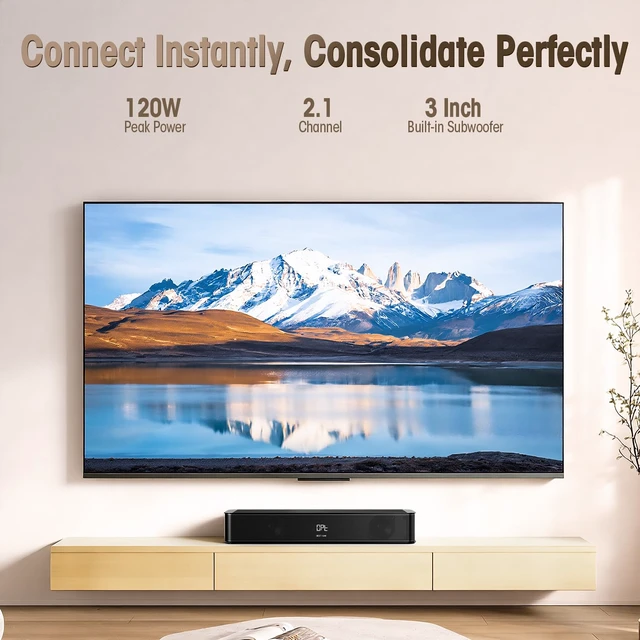 Alt view image 3 of 7 - 2.1ch Sound Bar with Built-in Subwoofer, 120W Peak Power, HDMI ARC/Opt/AUX/USB/Bluetooth 5.3, 3 EQ Modes & Volume Boost, 16.5" All-in-One for TV/PC/Gaming/Projector