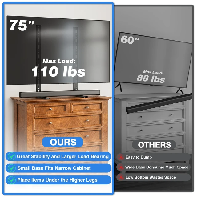 Alt view image 7 of 7 - Universal TV Stand Mount for 20-75 inch Flat Curved TVs Height Adjustable Tabletop TV Stand, Replacement TV Feet with Cable Management, Holds 110 lbs, Max VESA 800x600mm
