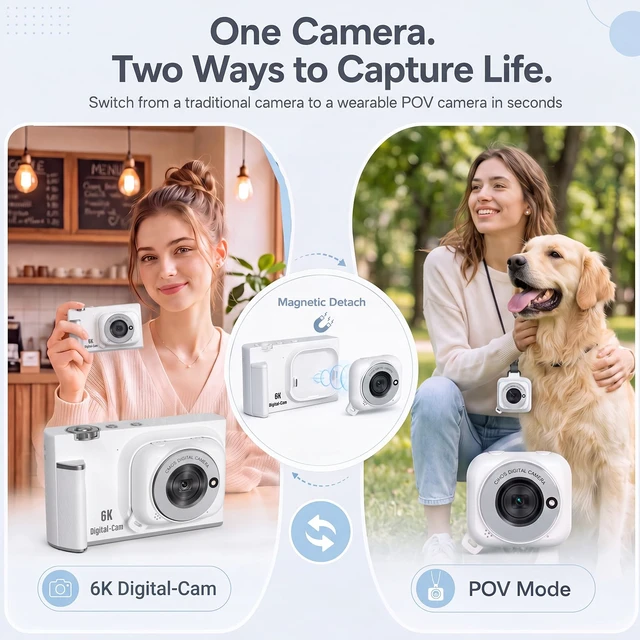 Alt view image 2 of 7 - Digital Camera with WiFi, 2-in-1 Camera with Detachable Mini POV Camera, Vlogging & Travel Camera with Flip Screen for Selfies, Video Recording and Content Creation