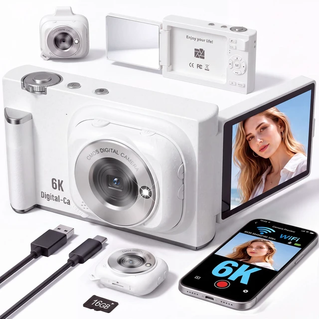 Main image of Digital Camera with WiFi, 2-in-1 Camera with Detachable Mini POV Camera, Vlogging & Travel Camera with Flip Screen for Selfies, Video Recording and Content Creation