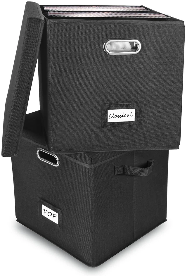Main image of Vinyl Record Storage Box Set of 2 - Album Storage Holds 100+ Single Records Decorative LP Storage Organizer Crate with Lid, Sturdy Moving Boxes for Vinyl, Easy to Carry and Organize Your Music Album