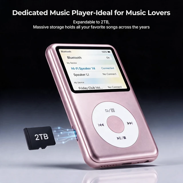 Alt view image 6 of 7 - Y2 Mp3 Player with Bluetooth, Lossless DSD DAC FLAC Support, 8GB Classic Dedicated Music Player with Playlists and FM Radio, Supports up to 2TB Pink