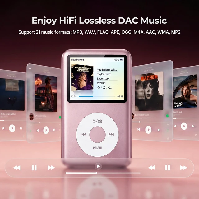 Alt view image 7 of 7 - Y2 Mp3 Player with Bluetooth, Lossless DSD DAC FLAC Support, 8GB Classic Dedicated Music Player with Playlists and FM Radio, Supports up to 2TB Pink