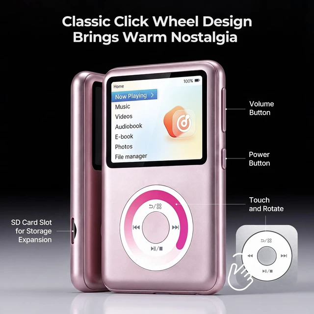 Alt view image 2 of 7 - Y2 Mp3 Player with Bluetooth, Lossless DSD DAC FLAC Support, 8GB Classic Dedicated Music Player with Playlists and FM Radio, Supports up to 2TB Pink