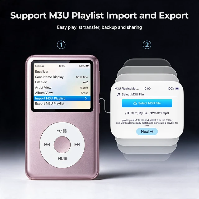 Alt view image 3 of 7 - Y2 Mp3 Player with Bluetooth, Lossless DSD DAC FLAC Support, 8GB Classic Dedicated Music Player with Playlists and FM Radio, Supports up to 2TB Pink