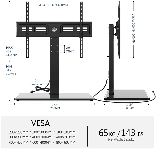 Alt view image 7 of 7 - Universal TV Stand with Power Outlets for 50-85 inch TVs, Black Tabletop Tall TV Stand with Swivel Height Adjustable for Bedroom Living Room, 27.5''Large Tempered Glass Base, up to 110 lb