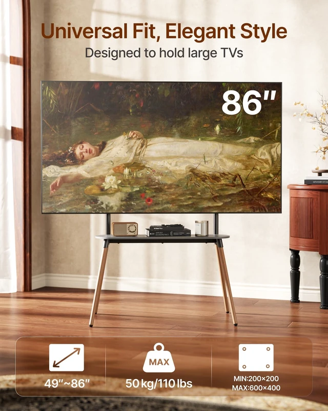 Alt view image 2 of 7 - 4-Leg Easel TV Stand for 49-86" TVs, 110 lbs, Black Height-adjustable floor TV stand, storage shelf, cable management and protective pads for living room, office or school