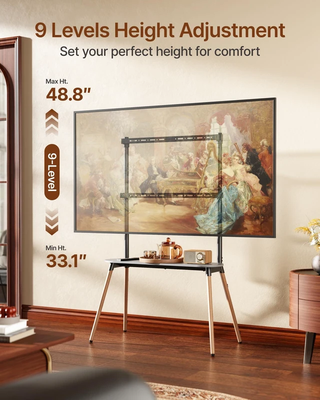 Alt view image 3 of 7 - 4-Leg Easel TV Stand for 49-86" TVs, 110 lbs, Black Height-adjustable floor TV stand, storage shelf, cable management and protective pads for living room, office or school