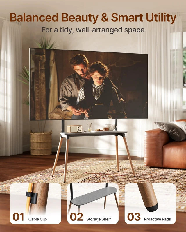 Alt view image 4 of 7 - 4-Leg Easel TV Stand for 49-86" TVs, 110 lbs, Black Height-adjustable floor TV stand, storage shelf, cable management and protective pads for living room, office or school