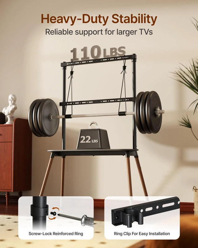 Alt view image 5 of 7 - 4-Leg Easel TV Stand for 49-86" TVs, 110 lbs, Black Height-adjustable floor TV stand, storage shelf, cable management and protective pads for living room, office or school