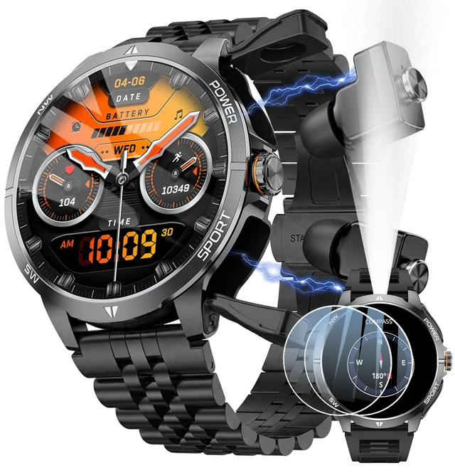 Main image of Military Smart Watch with Earbuds for Men and Women,+ Metal Band Compass & FlashLight, Tactical Smartwatch, BT Calling, 100+ Sports Modes, Fitness Tracker, Android iOS Compatible