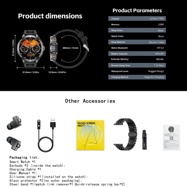 Alt view image 2 of 7 - Military Smart Watch with Earbuds for Men and Women,+ Metal Band Compass & FlashLight, Tactical Smartwatch, BT Calling, 100+ Sports Modes, Fitness Tracker, Android iOS Compatible