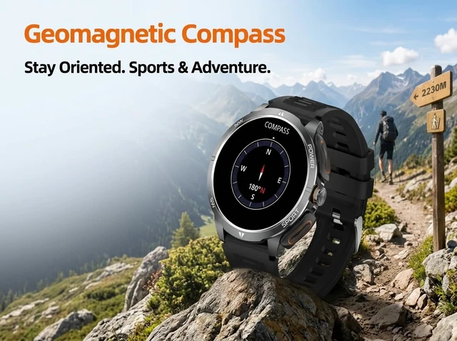 Alt view image 5 of 7 - Military Smart Watch with Earbuds for Men and Women,+ Metal Band Compass & FlashLight, Tactical Smartwatch, BT Calling, 100+ Sports Modes, Fitness Tracker, Android iOS Compatible