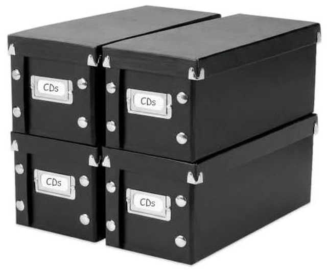 Main image of CD Storage Box, 4-Pack, Holds 165 Sleeved CDs per Box, Black Reinforced corners, chrome label holder, snap assembly, works well as a cd holder and cd organizer, folds flat