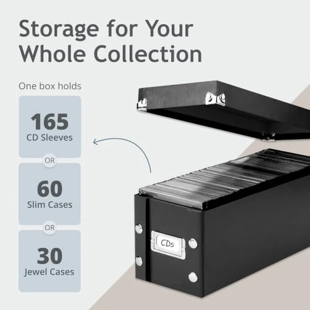 Alt view image 2 of 7 - CD Storage Box, 4-Pack, Holds 165 Sleeved CDs per Box, Black Reinforced corners, chrome label holder, snap assembly, works well as a cd holder and cd organizer, folds flat