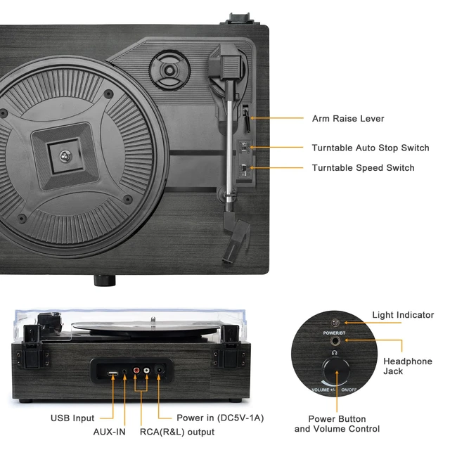 Alt view image 2 of 7 - Vinyl Record Player Wireless Turntable with Speakers & USB, Black Bluetooth Input Headphone Jack RCA Output Auto Stop Belt-Driven 3 Speed Vintage Phonograph for Entertainment and Home Decor