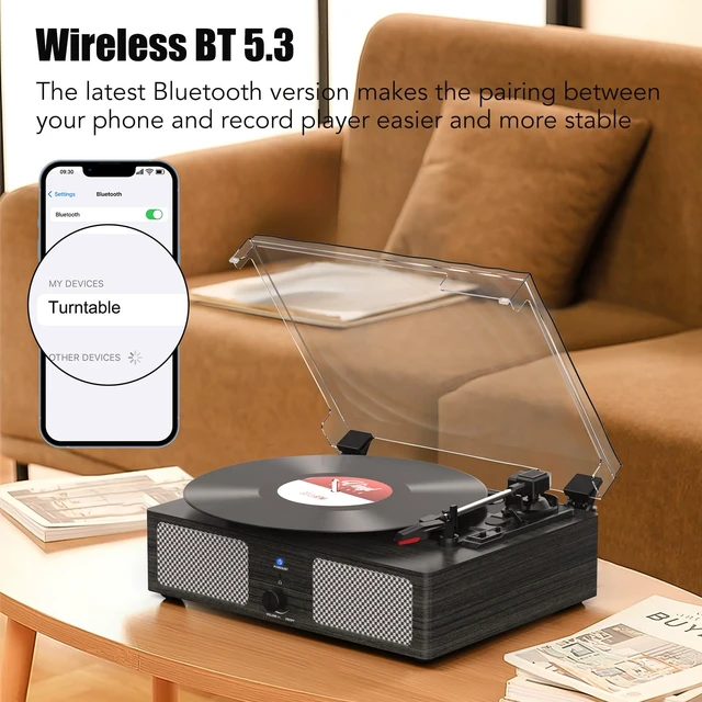Alt view image 3 of 7 - Vinyl Record Player Wireless Turntable with Speakers & USB, Black Bluetooth Input Headphone Jack RCA Output Auto Stop Belt-Driven 3 Speed Vintage Phonograph for Entertainment and Home Decor