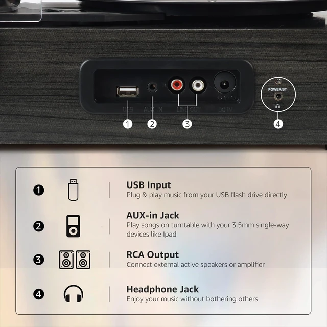 Alt view image 6 of 7 - Vinyl Record Player Wireless Turntable with Speakers & USB, Black Bluetooth Input Headphone Jack RCA Output Auto Stop Belt-Driven 3 Speed Vintage Phonograph for Entertainment and Home Decor
