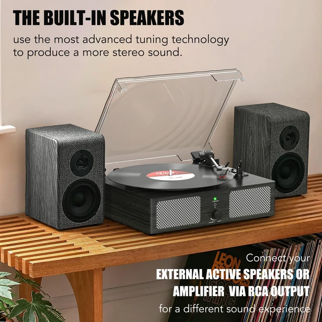 Alt view image 4 of 7 - Vinyl Record Player Wireless Turntable with Speakers & USB, Black Bluetooth Input Headphone Jack RCA Output Auto Stop Belt-Driven 3 Speed Vintage Phonograph for Entertainment and Home Decor