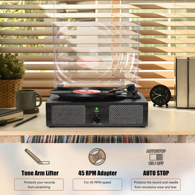 Alt view image 7 of 7 - Vinyl Record Player Wireless Turntable with Speakers & USB, Black Bluetooth Input Headphone Jack RCA Output Auto Stop Belt-Driven 3 Speed Vintage Phonograph for Entertainment and Home Decor