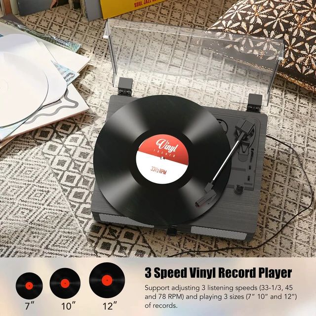 Alt view image 5 of 7 - Vinyl Record Player Wireless Turntable with Speakers & USB, Black Bluetooth Input Headphone Jack RCA Output Auto Stop Belt-Driven 3 Speed Vintage Phonograph for Entertainment and Home Decor