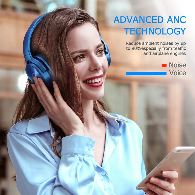 Alt view image 4 of 6 - Active Noise Cancelling Headphones, 40H Playtime Wireless Bluetooth Headset with Deep Bass Hi-Fi Stereo Sound,Over-Ear Headphone,Comfortable Earpads for Travel/Home/Office (Blue)