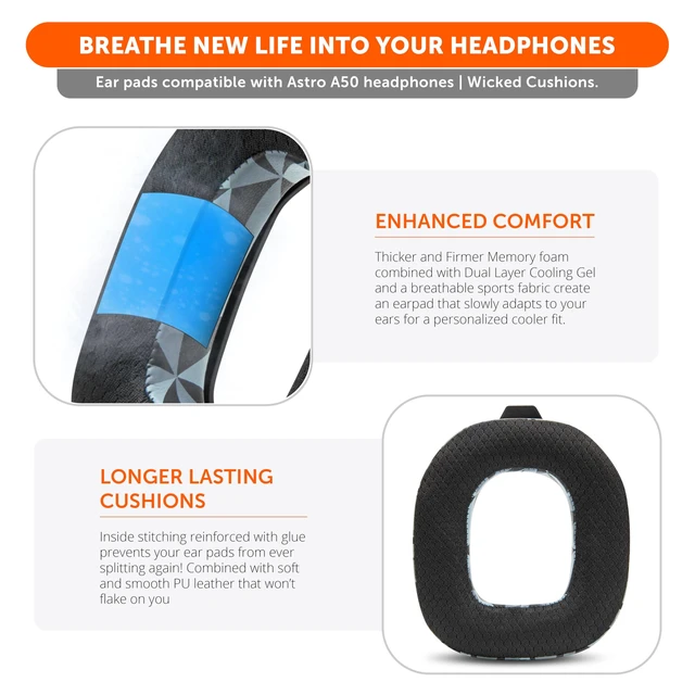 Alt view image 4 of 7 - Mod Kit A50 - Earpads & Headband for Astro A50 Gen 4/5 / A50x Made by Wicked Cushions Cooling Gel Earpads and Matching Headband that offer Enhanced Comfort & Durability Geo Grey