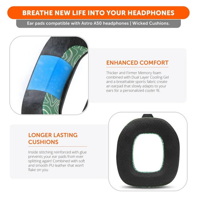 Alt view image 4 of 7 - Mod Kit A50 - Earpads & Headband for Astro A50 Gen 4/5 / A50x Made by Wicked Cushions Cooling Gel Earpads and Matching Headband that offer Enhanced Comfort & Durability Emerald Tide