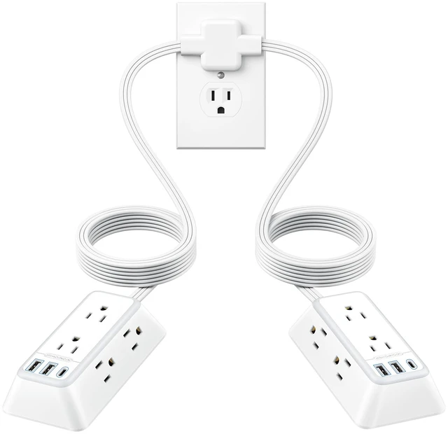 Main image of Split Extension Cord 12FT, Twin Extension Cord with 6 AC Outlets on Each Side, 2 USB-A & 1 USB-C, Flat Plug Dual Extension Cord for Behind Bed, Couch, Nightstands