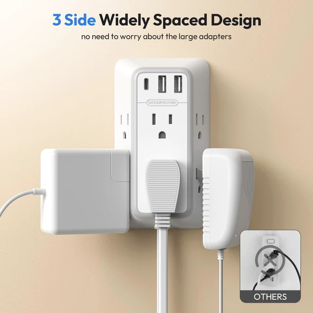 Alt view image 3 of 7 - Split Extension Cord 12FT, Twin Extension Cord with 6 AC Outlets on Each Side, 2 USB-A & 1 USB-C, Flat Plug Dual Extension Cord for Behind Bed, Couch, Nightstands