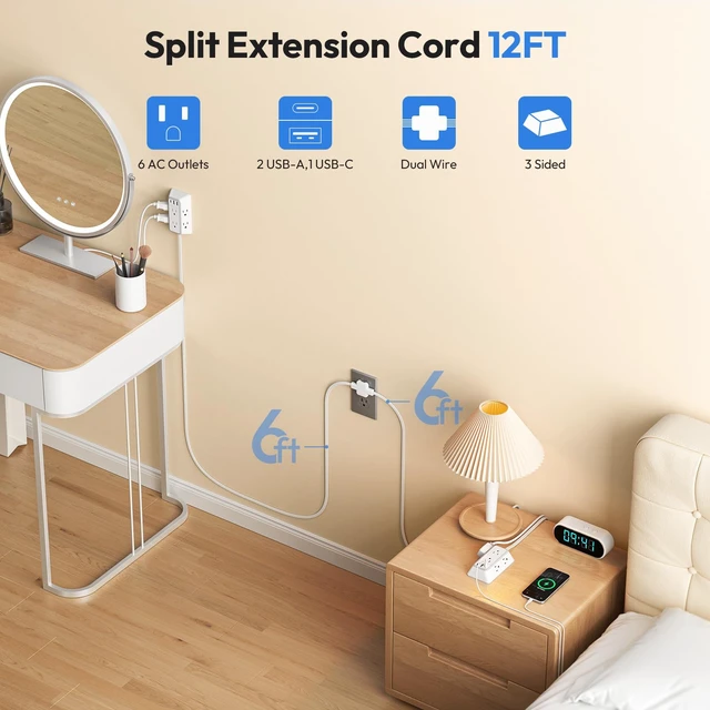 Alt view image 2 of 7 - Split Extension Cord 12FT, Twin Extension Cord with 6 AC Outlets on Each Side, 2 USB-A & 1 USB-C, Flat Plug Dual Extension Cord for Behind Bed, Couch, Nightstands