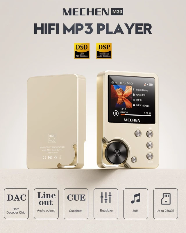 Alt view image 2 of 7 - M30 HiFi MP3 Player 64GB DAC Decoding DSD Gold WM8965 DAC+TI Amp, MP3/WMA/WAV/APE/FLAC/AAC, 1500mAh 25H, 2" Screen, Expand to 512GB, Zinc Alloy Shell