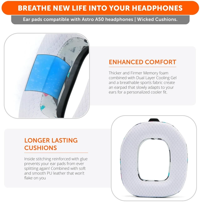 Alt view image 4 of 7 - Mod Kit A50 - Earpads & Headband for Astro A50 Gen 4/5 / A50x Made by Wicked Cushions Cooling Gel Earpads and Matching Headband that offer Enhanced Comfort & Durability 90's White