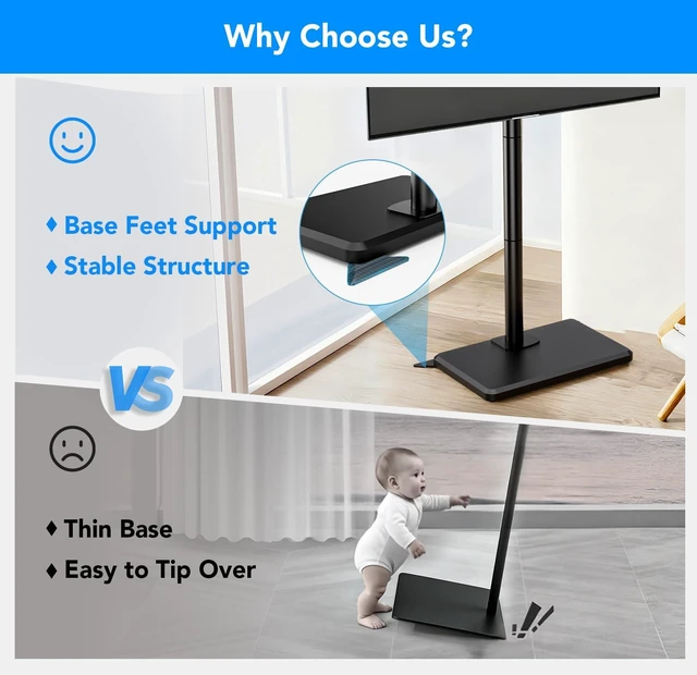 Alt view image 3 of 7 - Floor TV Stand with Mount for 26-60 inch TVs up to 77 lbs, Height Adjustable/Swivel/Tilt Tall Standing TV Stand for Bedroom,Dorm, Living Room and Corner,Wood Base Saving Space Design,Black