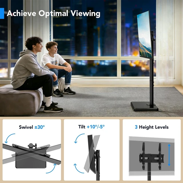 Alt view image 2 of 7 - Floor TV Stand with Mount for 26-60 inch TVs up to 77 lbs, Height Adjustable/Swivel/Tilt Tall Standing TV Stand for Bedroom,Dorm, Living Room and Corner,Wood Base Saving Space Design,Black