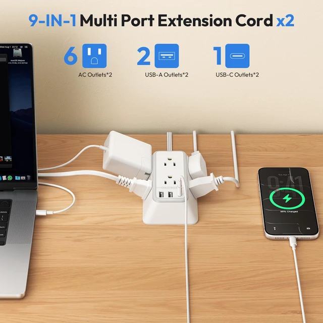 Alt view image 5 of 7 - Split Extension Cord 12FT, Twin Extension Cord with 6 AC Outlets on Each Side, 2 USB-A & 1 USB-C, Flat Plug Dual Extension Cord for Behind Bed, Couch, Nightstands