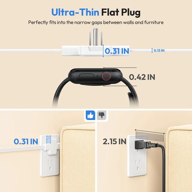 Alt view image 6 of 7 - Split Extension Cord 12FT, Twin Extension Cord with 6 AC Outlets on Each Side, 2 USB-A & 1 USB-C, Flat Plug Dual Extension Cord for Behind Bed, Couch, Nightstands